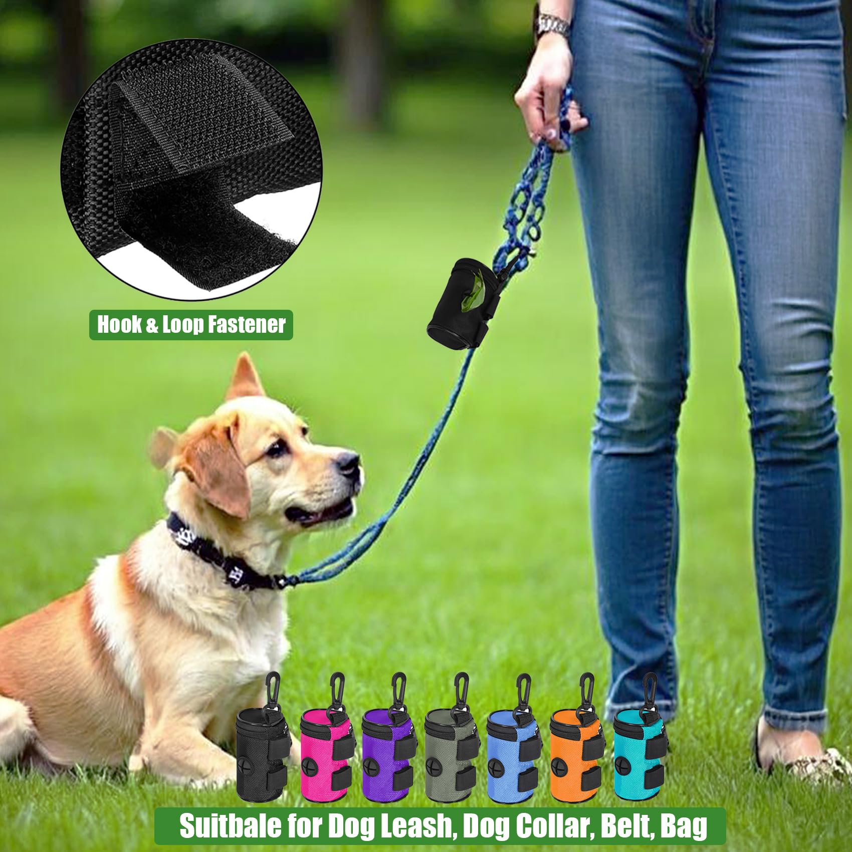 Dog Poop Bag Holder for Leash Attachment - Waste Bag Dispenser for Leash - Fits Any Dog Leash - Portable Set with Hand Free Hold